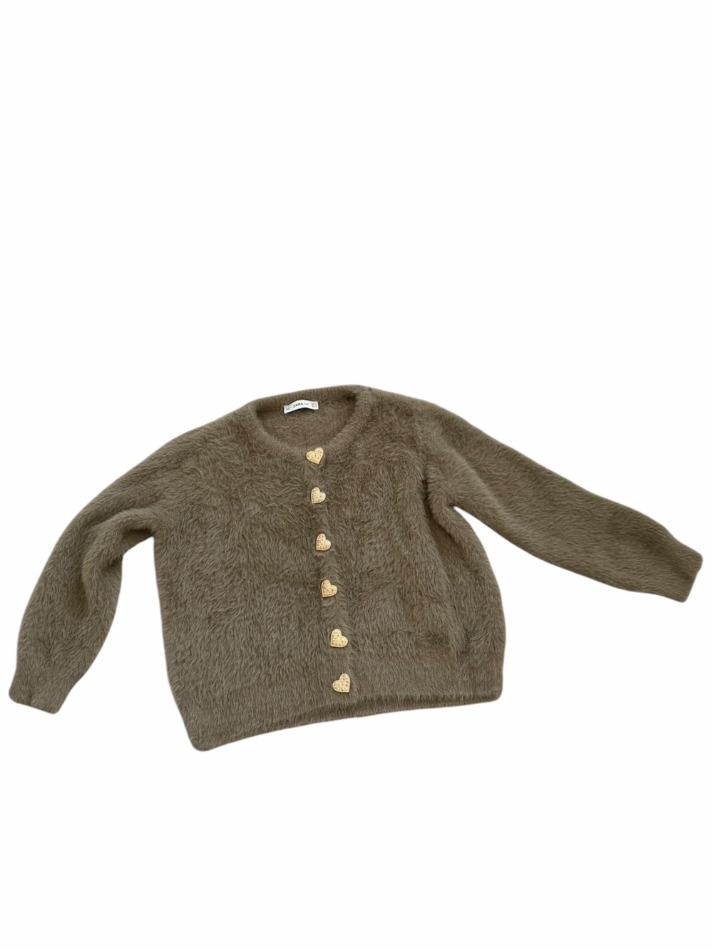 Zara Knit Fuzzy Soft Taupe Gray Cardigan Rhinestone Heart Buttons Size M
